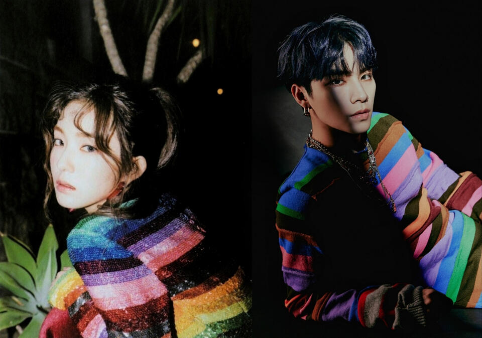 irene and xiaojun in rainbow tops